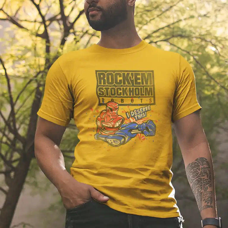 Man in shirt with Rock Em Stockholm Syndrome tee design. The clever pun is on a soft cotton t-shirt for men.