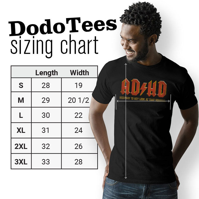 sizing chart for Parody rock t shirt by dodo tees. available in sizes small - 3XL