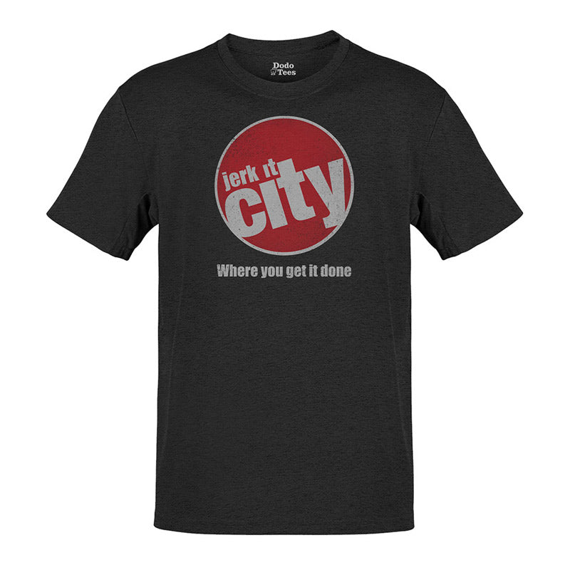 rude shirts with jerk it city logo in heather charcoal by dodo tees