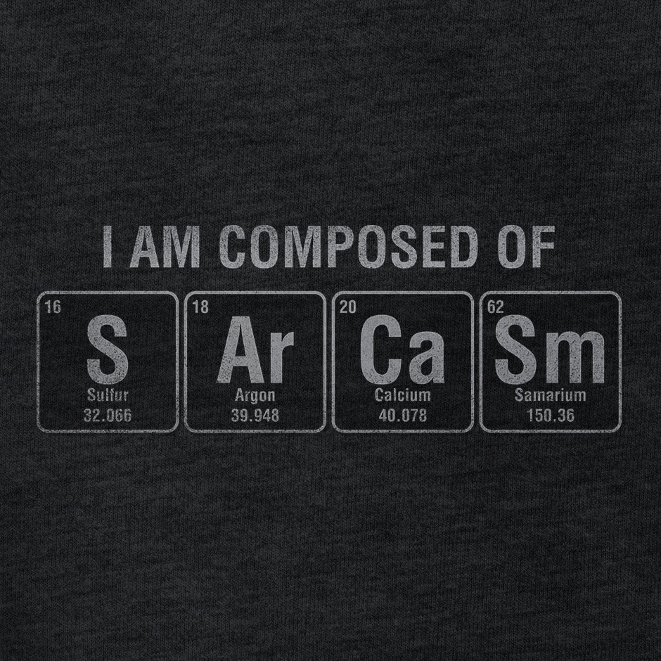 Funny t shirt that uses the Periodic table to spell out Sarcasm. The nerd t shirts are made with buttery soft heather fabric. This elements shirt features an original Dodo Tees design.