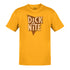 full view of satirical t shirt with dick at night vintage style logo graphic in gold