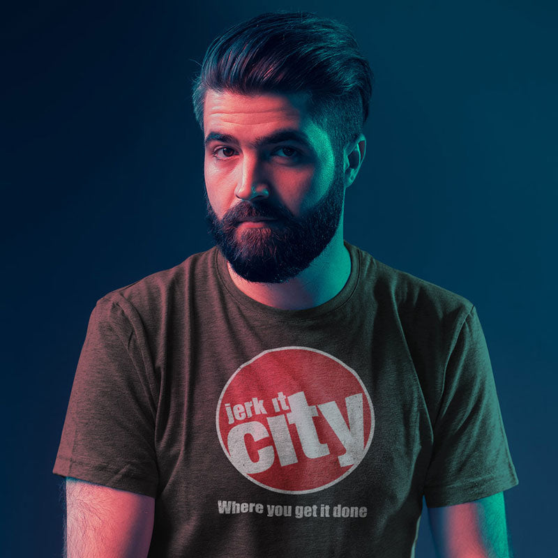 model wearing satirical t shirt with jerk it city logo