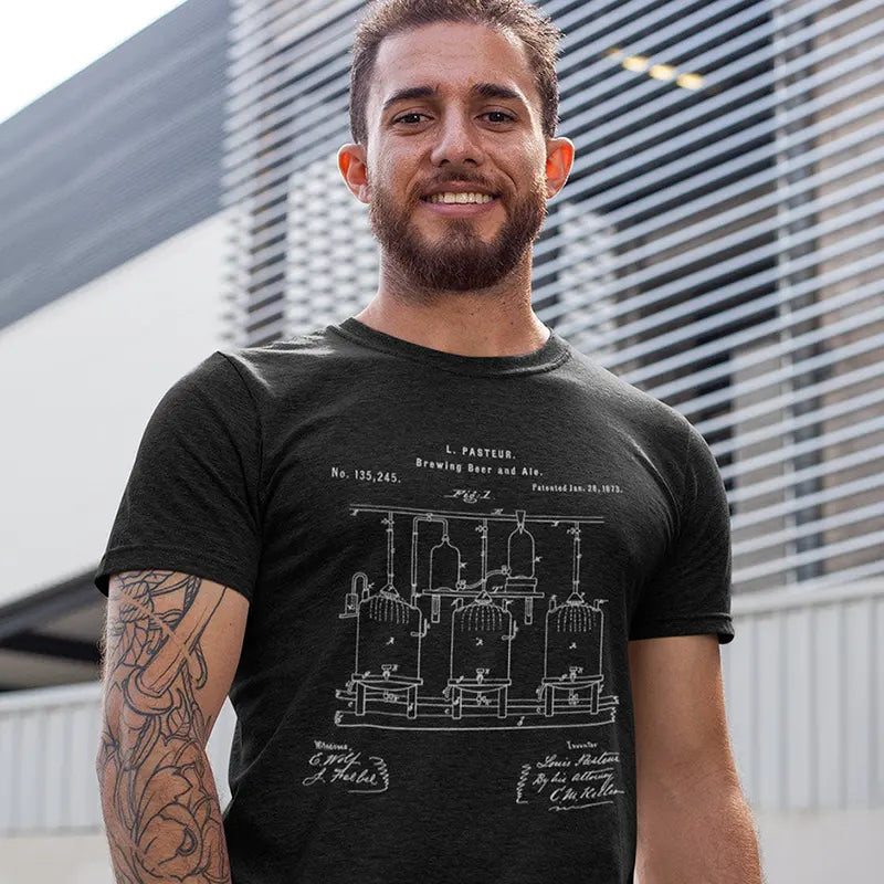 model wearing science shirt with pasteur beer patent 