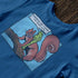 silly t shirt close up view of comic drawing of frog riding a squirrel