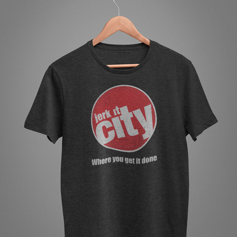 spoof t shirt on hanger with jerk it city logo