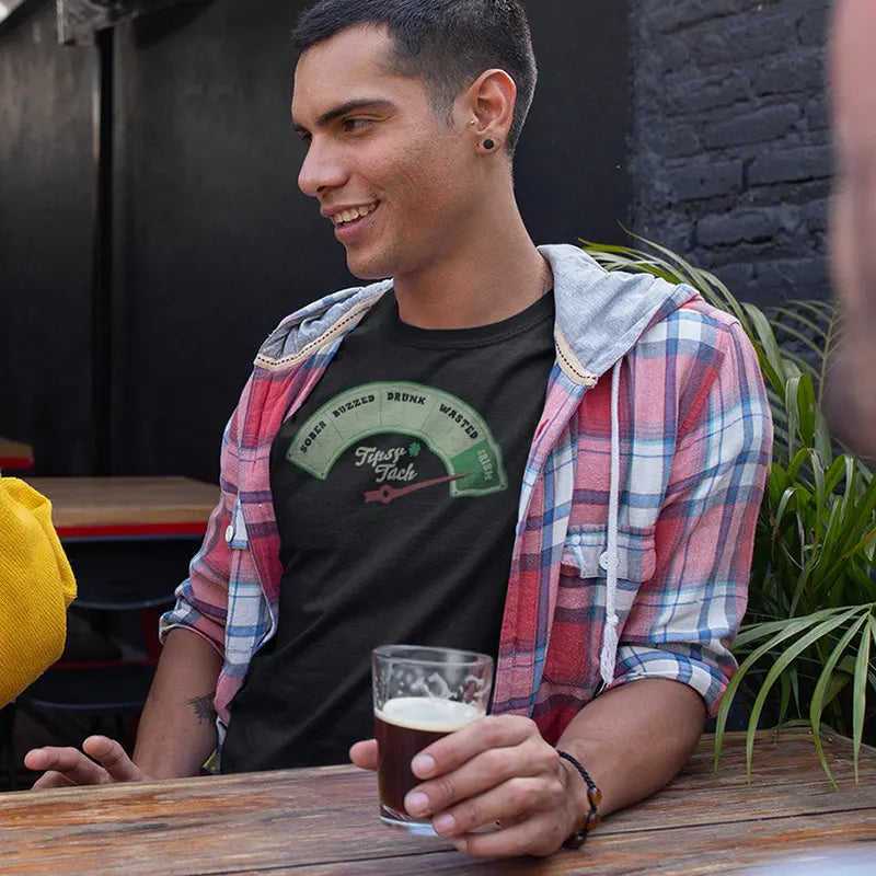 man drinking beer wearing st patricks day gifts t shirt with tipsy tach graphic