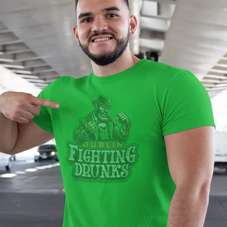 Man In St Patricks Day Tee With Fighting Drunks team logo