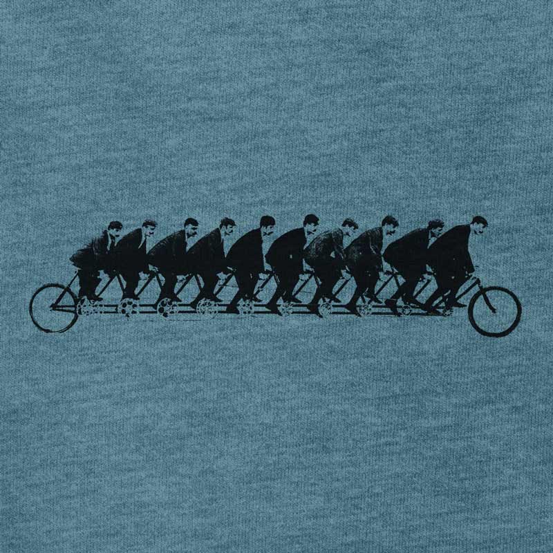 bicycle t shirts featuring a 10 person tandem bike being road by Moustached men in bowler hats. Design by dodo tees