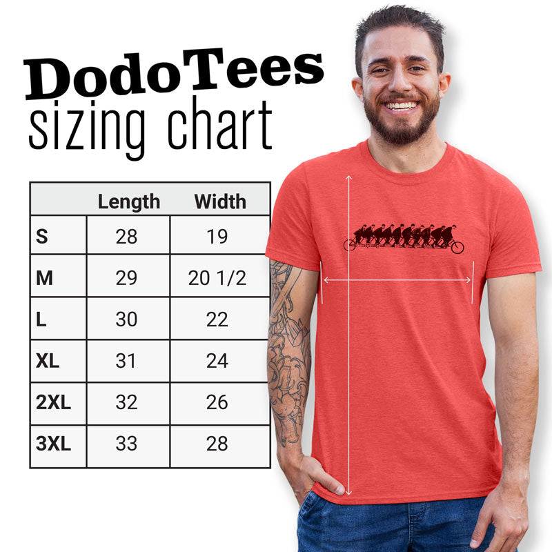 sizing chart for the tandem t shirts by Dodo Tees. Available in sizes Small - 3XL.