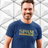 smiling man wearing tech present that reads Spam Malware Flavored Internet.