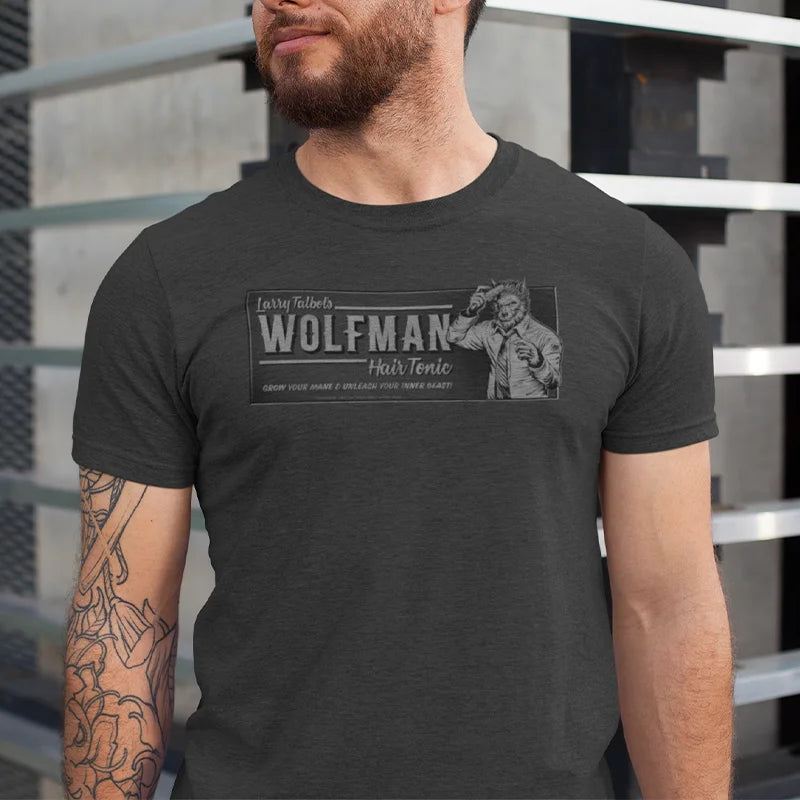 close up view of man wearing terror threads with wolfman hair tonic vintage style t shirt