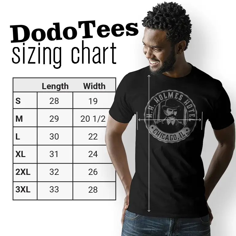 True crime shirt sizing chart for the HH Holmes true crime shirt.