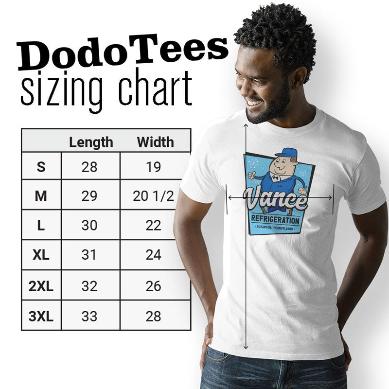 tv show shirts sizing chart by dodo tees. available in sizes small to 3XL