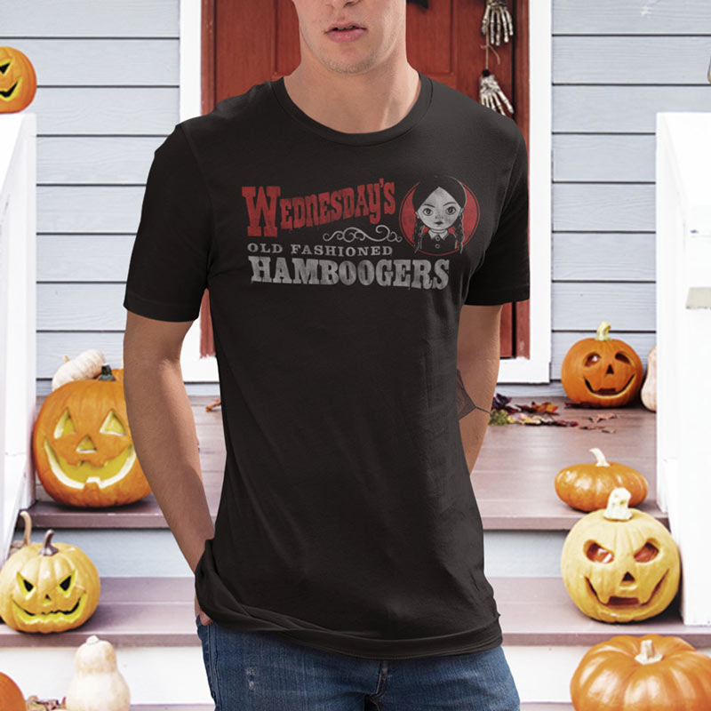 man on halloween wearing tv show t shirts with wednesdays old fashioned hamboogers logo