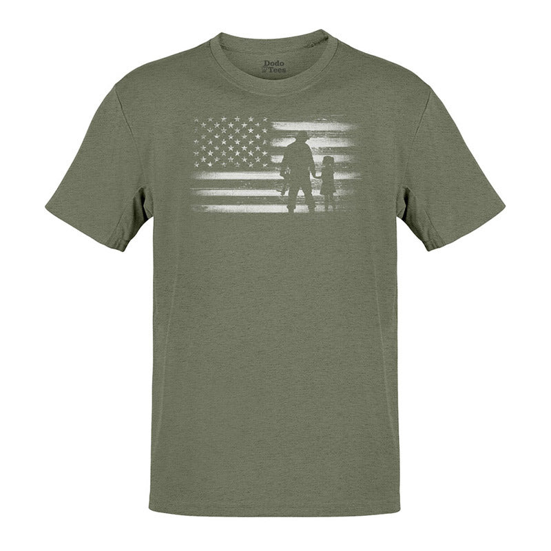 Olive green veterans day shirts with an American soldier standing with his daughter in front of an American flag.