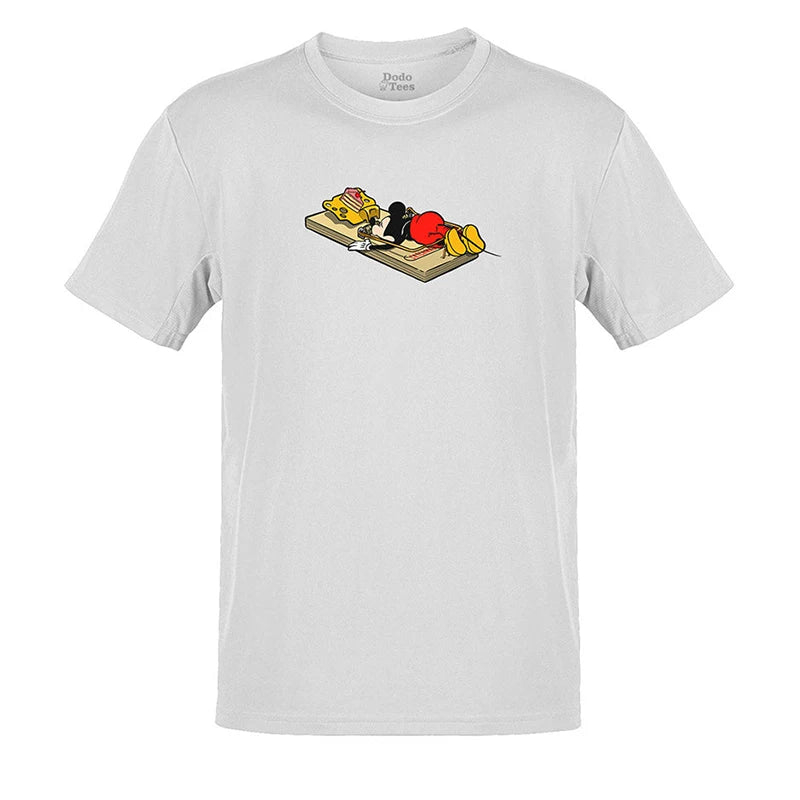 vungar t shirt with cartoon mouse in mouse trap illustration in white