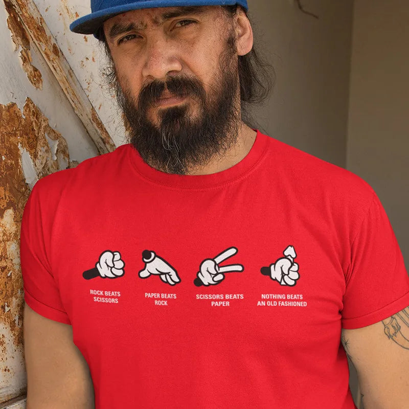 man wearing vulgar t shirt with rock paper scissors hand job illustration