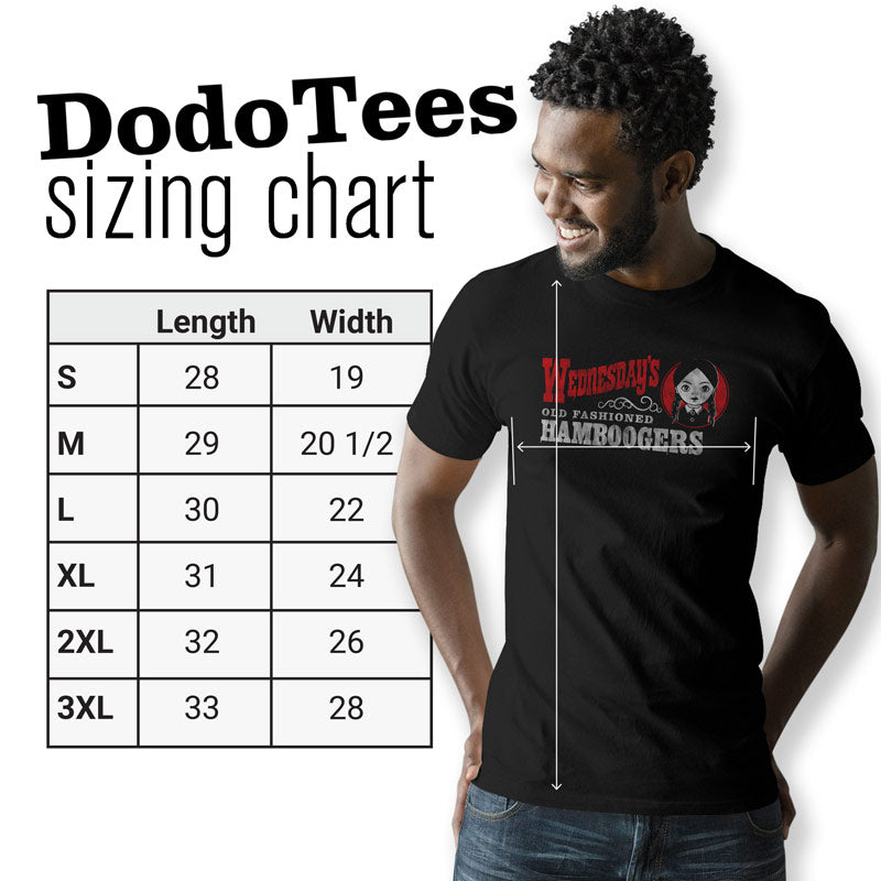 sizing chart for wednesdays shirt by dodo tees available in sizes small to 3XL