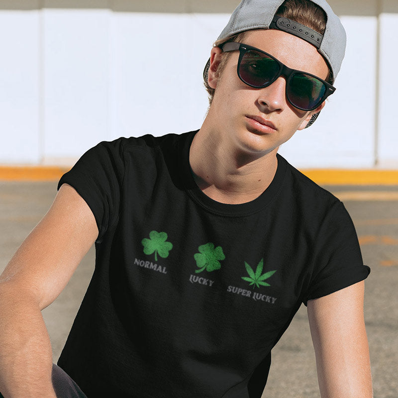 man in hat and sunglasses wearing weed shirt with super lucky st patricks day graphic