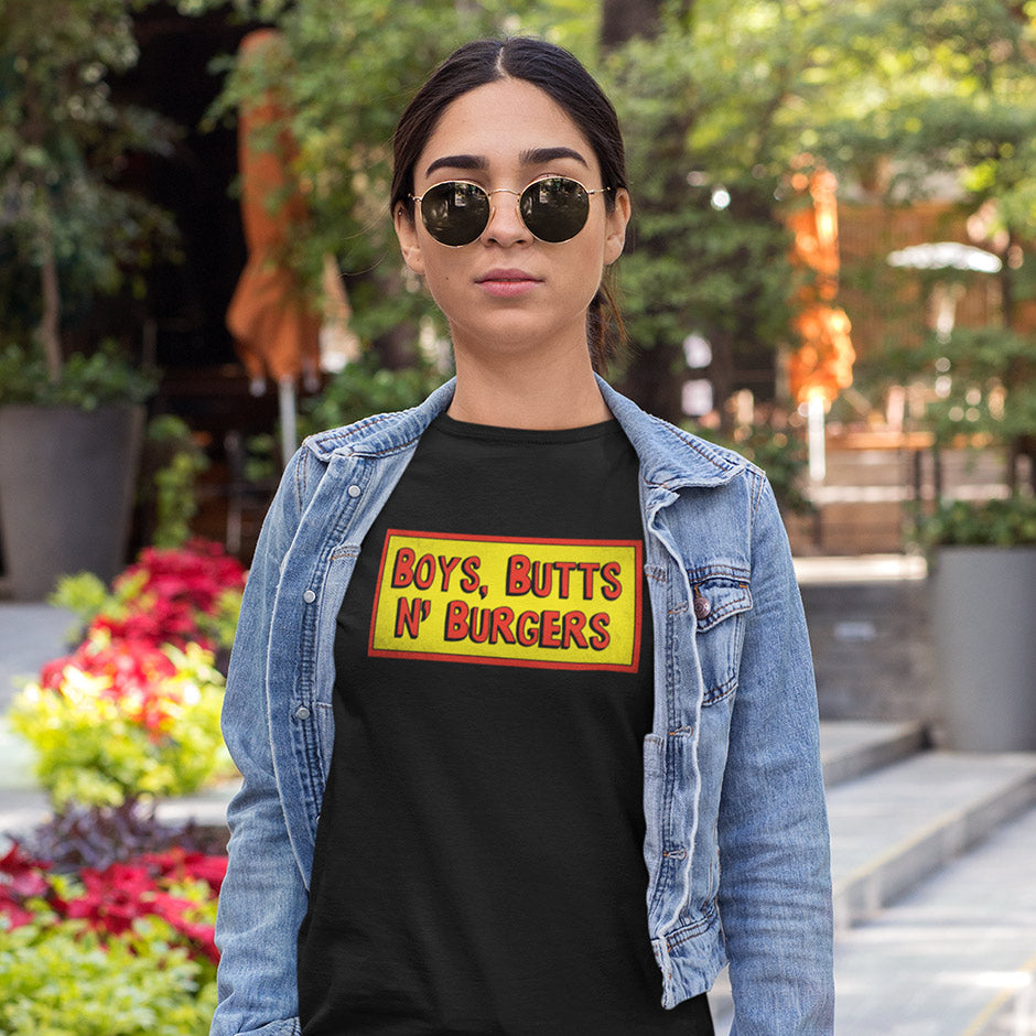 woman in sunglasses wearing womens funny t shirt with boys butts burgers design