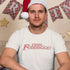 man in santa hat wearing xmas tee with oh fudge vintage text