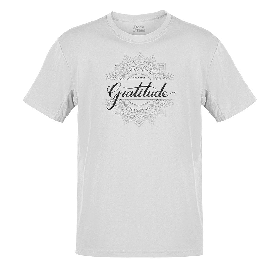 yoga shirt with practice gratitude design in classic white by dodo tees