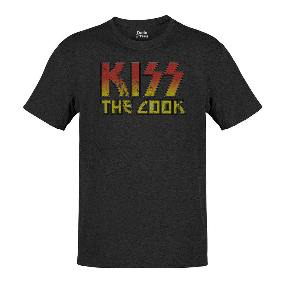 funny t shirt that reads kiss the cook. This dodo tees Parody shirt is side-seamed for a modern fit.