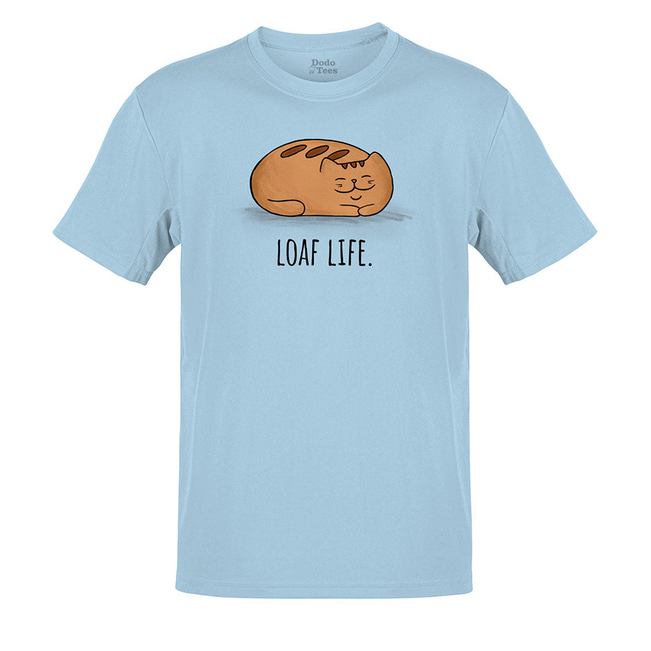 cat t shirt with loaf life illustration in light blue by dodo tees