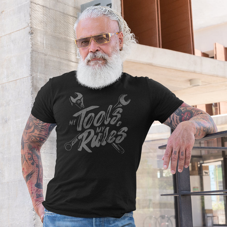 tattooed man wearing dad t shirt with my tools my rules illustration