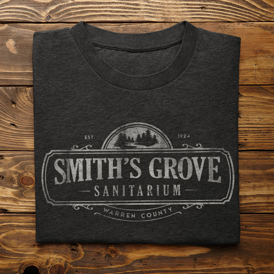 close up of horror movie t shirt with smiths grove sanitarium logo