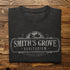 close up of horror movie t shirt with smiths grove sanitarium logo