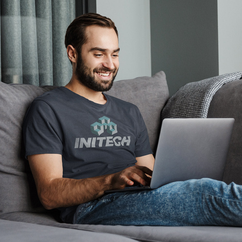 computer developer wearing initech movie t shirt