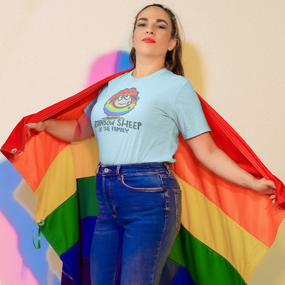 woman with rainbow flag wearing pride t shirt with rainbow sheep of the family illustration