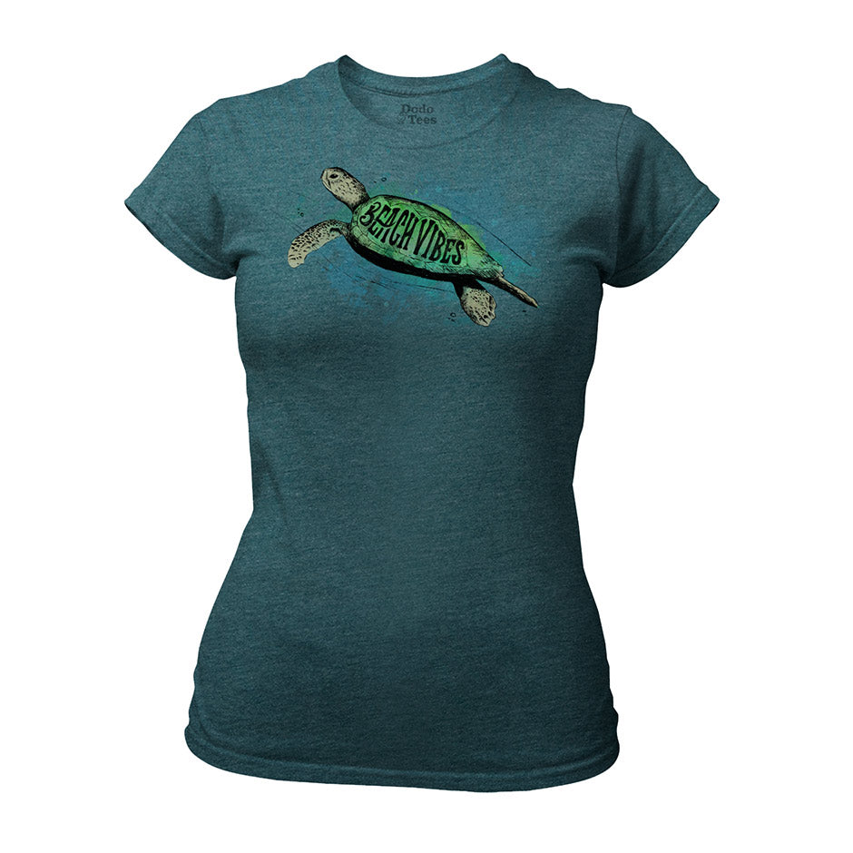 surfer t shirt with beach vibes turtle illustration in fitted heather slate. The Beach Tops Are Side-Seamed For A Flattering Fit.